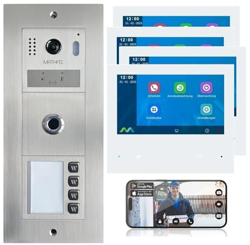 Mathfel 2-Draht-Bus Video-Türsprechanlage – Modulares Komplettsystem mit Innenmonitor(en), WLAN optional, Fingerprint/RFID/Gravur verfügbar (Fingerprint, 4 Klingeltaster (4 x Monitore))