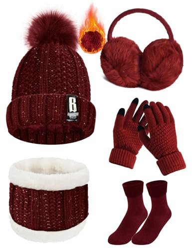 Tuopuda Wintermütze Handschuhe Damen Warme Beanie Winter Mütze Strickmütze Schal Gestrickte Handschuhe Verdickte Socken Plüsch Ohrenschützer Kombi Set Geschenk für Outdoor Sport Wärmen, Rot