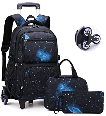 BOUACOUA Trolley Rucksäcke Jungen Schultaschen, Grundschule Trolley Rucksack mit Lunch Tasche Federmäppchen 3-teiliges Schultaschen-Sets für Kinder (Schwarz + Blau)