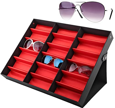 Scatola per Occhiali da 18 Griglie, Scomparti Portaoggetti per Occhiali da Lettura, Organizzatore per Orologi, Gioielli o Occhiali da Sole Contenitore Adatto a Tutti Gli Occhiali da Sole Portagioie