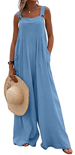 Runstarshow Womens Overalls Casual Loose Dungarees Ladies Jumpsuits UK Romer Oversized Women Wide Leg Playsuit with Pockets Solid Color Plus Size 8-26 Summer Trousers Pants Blue