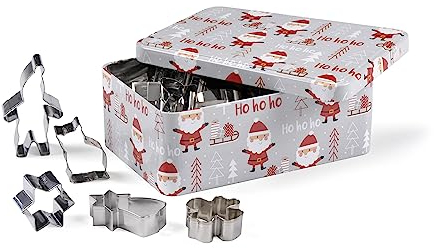 patisse 13721 – Boîte métal grise imprimée père Noël contenant 25 découpoirs ou emporte pièces inox assortis de Noël - sapin, lutin, ange, étoile, gingerman, sucre d’orge…, 20x14x7.5cm