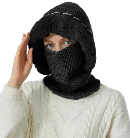crazy bean Strickmütze Wintermütze Damen Kapuzenschal Nackenwärmer Mütze | Sturmhaube Gesichtsmaske Gesichtshaube,für Winter,Frauen,Plüsch Fleece,Thermo Warm,Winddicht Radfahren