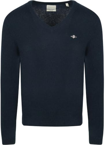 GANT Extrafine lammull V-hals, Mörk marinblå melerad, 3XL