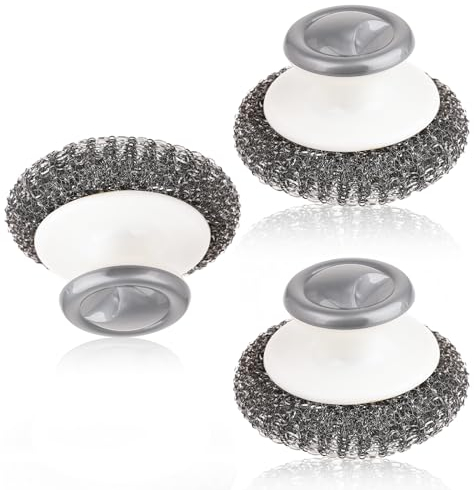 Abeillo 3Pcs Stainless Steel Scrubber Cleaner, Heavy Duty Scourers with Handle Metal Scrubbing Brush Metal Sink Cleaner Scourer for Cleaning Kitchen Pots Pans Grills Sink