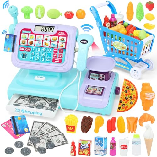 Children Toy Play Age 3+ Cash Register with Scanner, Pretend Play Calculator Cash Register, Play Store Supermarket Shopping Trolley Food Accessories Toy Gifts for Toddler Boys Girls Kids 4 5