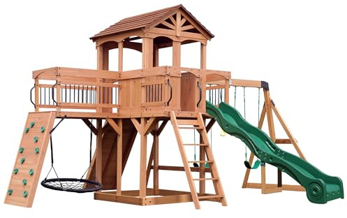 Backyard Discovery Sterling Point | 100% Cedar Wooden Swing Set | Outdoor Garden Climbing Frame for Kids | 1 Web Disc, 2 Belt Swings & Trapeze Bar with Wave Slide