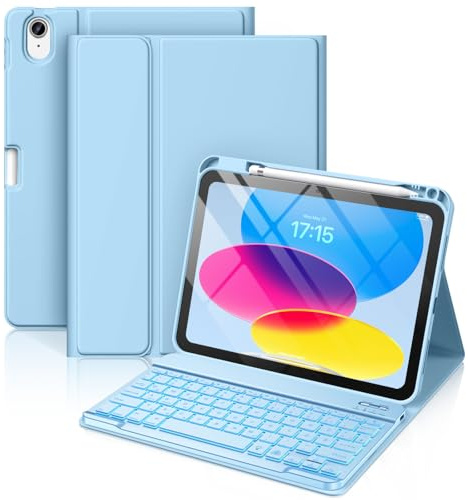 Vobafe Hülle mit Tastatur für iPad A16 11 10 Generation 2025/2022 11/10.9 | 7 Farben Beleuchtete, Abnehmbare Kabellose Bluetooth Tastatur, mit Stifthalter, Deutsche QWERTZ Layout, Hell Blau
