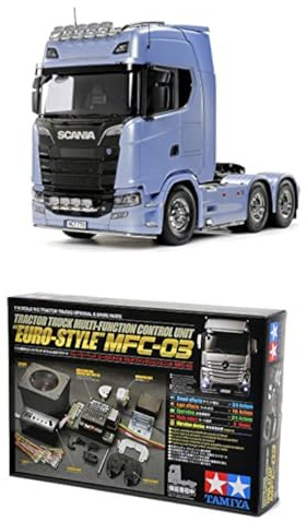 TAMIYA Bundle 56368 1:14 RC Scania 770 S 6x4 + 56523 1:14 MFC-03 Truck-Multifunktionseinheit - RC Truck, fernsteuerbarer, Lastwagen, LKW, Konstruktionsspielzeug, Modellbau, Basteln, LKW