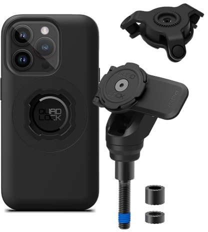 Quad Lock Motorcycle Handlebar Clamp Bolt Phone Mount PRO Kit with Vibration Dampener and iPhone 14 Pro MAG Case