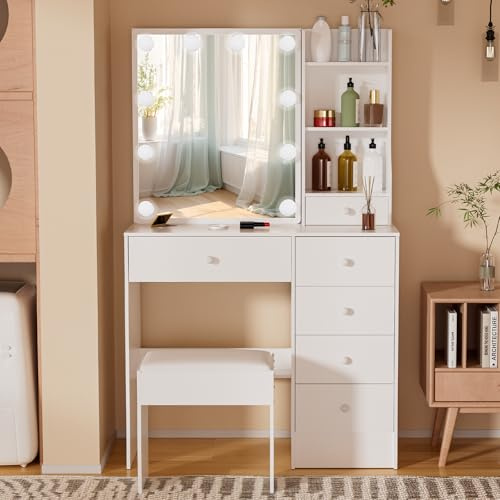 Puselo Toeletta da Trucco Moderna con Luci LED 3 Tonalità - Luminosità Regolabile, Tavolo Makeup con Specchio Scorrevole e Sgabello, 6 Cassetti 6 Ripiani, 80x36x130cm