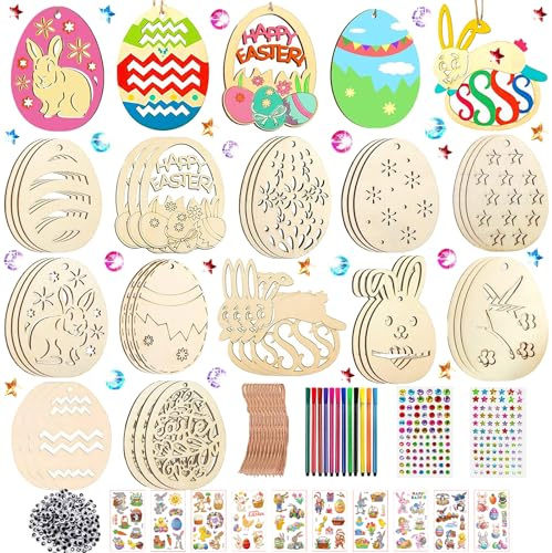 JSHENG 396 Stück Holzanhänger Ostern Bastelset mit Holzanhänger Aquarellstift Strass Auge Glocke Seil Aufkleber Pompoms