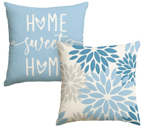 Artoid Mode Lot de 2 housses de coussin décoratives motif dahlias et fleurs de printemps - Bleu glacé - pour canapé, salon, extérieur - 45 x 45 cm