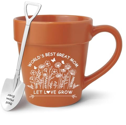 Lasimfa Funny Gardener Coffee Mug Gift for Mom with Shovel Spoon, Novelty Plant Pot Themed Cup for Mothers Day, Birthday from Daughter or Son