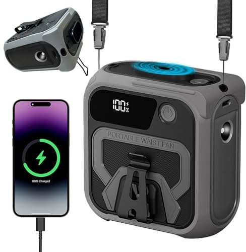 DriveNova 5-in-1 Taillen Clip Ventilator, Tragbarer Ventilator Akku 10000mAh, 7-36h Laufzeit USB Wiederaufladbar Mini Turbo Ventilatoren Aufladbare mit Hängeseil, 5 Windgeschwindigkeite, für Outdoor
