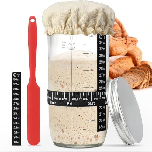 Set di base per lievito naturale, 730 ml, contenitore per lievito naturale, kit di base in vetro sourdough, nastro per mangimi, marcatura data, termometro, spatola in silicone, copertura in tessuto e