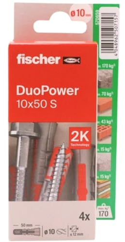 fischer - Duopower 10 x 50 avec vis - 4U, chevilles murales multi-matériaux, pour accrocher des vélos, des cadres, des armoires, des supports de télévision, des étagères, des meubles.