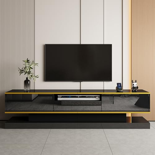 Meuble TV Moderne 180 * 38 * 45 cm, avec Trois tiroirs et Un Compartiment Ouvert, Brillant, avec éclairage LED à Changement de Couleur (Black)