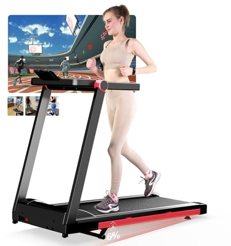 Superun Laufband für Zuhause Klappbar, Laufband mit Steigung bis 16 km/h mit APP, Klappbares Laufband max 158 KG mit Trainingskursen und Multi-Runner-Rennen