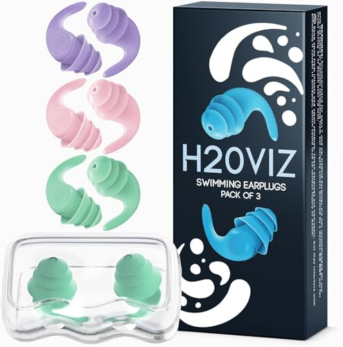 H20VIZ Pro Swim Ear Plugs | Waterproof, Reusable Silicone Earplugs for Swimming, Surfing, Snorkeling & All Water Sports (Pastel, 3 Pairs)