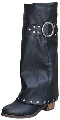 Generisch Bottes pour femme Shark Boots Slouchy Bottes larges Cowboy Hautes Confortables Bout pointu Talon Plateforme Longue Genou Bottes d'hiver chaudes en cuir Mode Confort, Noir , 40 EU