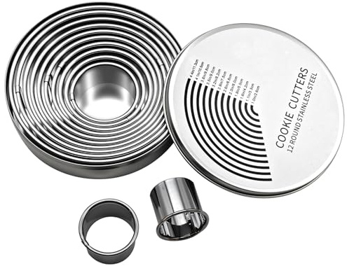 12Pcs Stainless Steel Round Cookie Cutter Set – Circle Biscuit Cutters, 12 Different Sizes Mini Pastry Cutters for Baking, Sharp Stainless Steel Baking Essentials for Donut, Fondant, Scone, DIY Cake