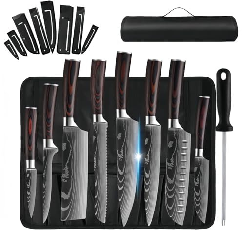 W&H Chef Knife Set with Roll Bag,10PCS Kitchen Knives,Stainless Steel | Professional Chefs Knifes with Ergonomic Handle,for Home and Restaurant