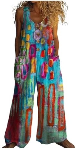 Generico Salopette Donna Estiva Lunga Boho Chic, Tuta Lino e Cotone Senza Maniche con Tasche e Bottoni, Jumpsuit Gamba Larga Stampa Astratta Multicolore, Tuta Intera Comoda per Mare e Vacanze