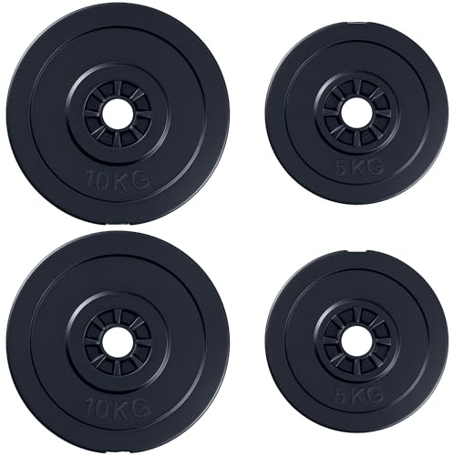 Disques de poids - lot de 4 disques d'haltère - ensemble de poids 5 et 10 Kg - total 30 Kg - entraînement musculaire & haltérophilie - HDPE noir