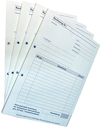 1x Rechnungsblock Block Rechnung Kleinunternehmer nach § 19 DIN A5, 2-fach selbstdurchschreibend 2x50 Blatt - gelocht (22435)