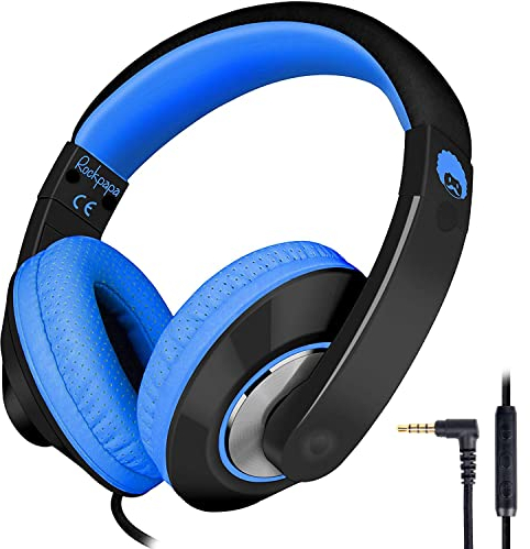 RockPapa Auriculares para niños, Auriculares con Cable y Micrófono, Over Ear, Ajustable, Jack Audio 3,5mm, para Niños Adultos Colegio Viajar, Negro Azul