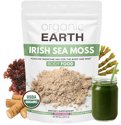 Organic Earth Irish Sea Moss Powder 8oz - Wildcrafted Sea Moss Organic with Bladderwrack & Burdock Root Powder - Thyroid, Digestion Support & Healthy Skin - USDA Certified Organic