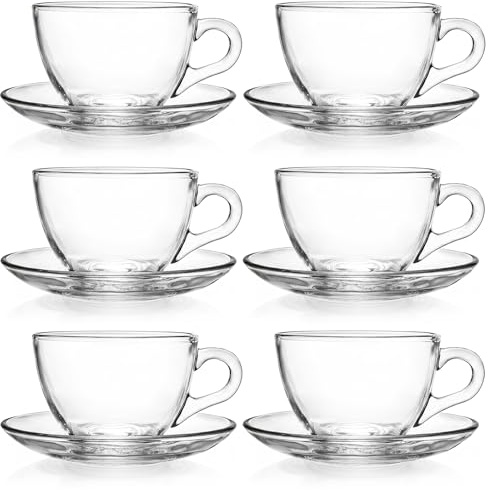 Tosnail 6 Pack 7-Ounce Glass Tea Cups and Saucers Sets Glass Coffee Mugs