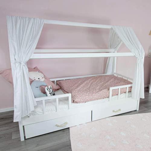 Puckdaddy Linnea | Tienda de campaña para el hogar | 146x298cm | Juego de 2 marquesinas de Tela | 100% algodón | Blanco | patrón de Lunares | Cortina de Cama habitación Infantil.