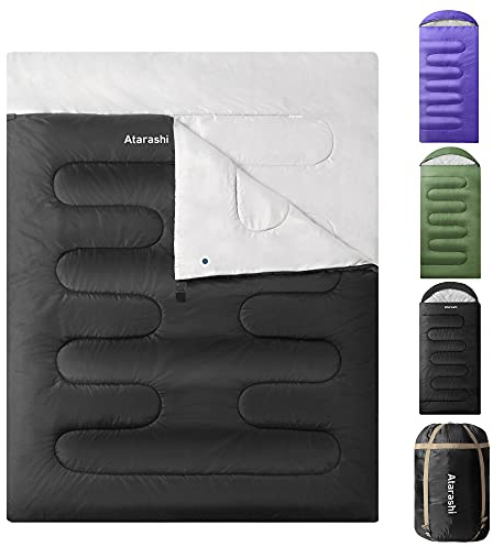 Atarashi Saco de dormir doble para camping, 4 estaciones para tamaño Queen XL, 2 personas, ligero, cálido, extra grande con saco de compresión, ideal para senderismo, mochileros y aventuras al aire