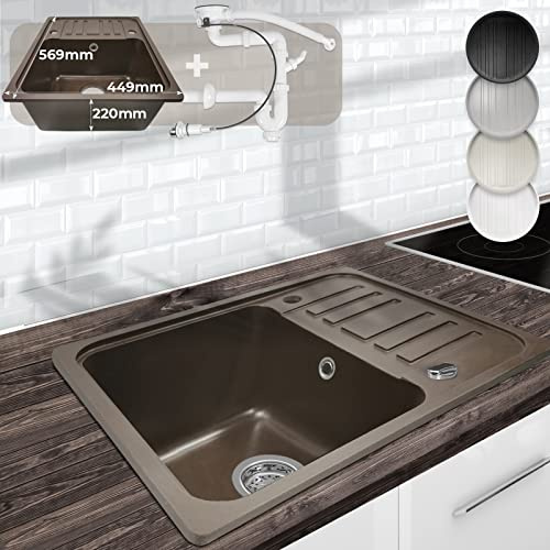 Aquamarin® Fregadero de Cocina - de Granito, con 1 Seno y Escurridor Reversible, Set de Desagüe, 57 x 45 cm, Integrado o Empotrado, Color a Elegir - Lavabo de Cocina (Marrón)