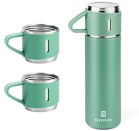 Vacuum Insulated Flask 500ml/16.9oz Stainless Steel Thermo Bottle with Cup for Coffee Water Hot and Cold Drink Flasks.(Green,Set)