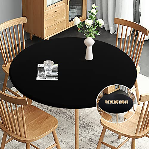Obstal Fitted Round Table Cloth, Reversible Waterproof Stain Resistant Elastic Stretch Tablecloth, Wipe Clean Table Cover for Outdoor/Indoor Use, Fits Round Tables up to 40 - 44 Diameter, Black