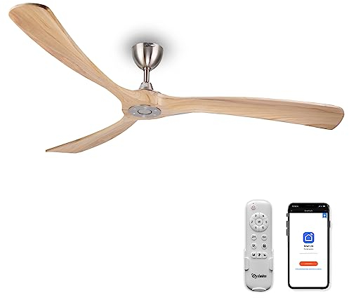 Ovlaim Ventilateur de plafond avec ailes en bois sans éclairage, télécommande (6 vitesses) - Étanche IP44 - Moteur CC à faible consommation d'énergie - Super silencieux, 183 cm - Naturel et argenté