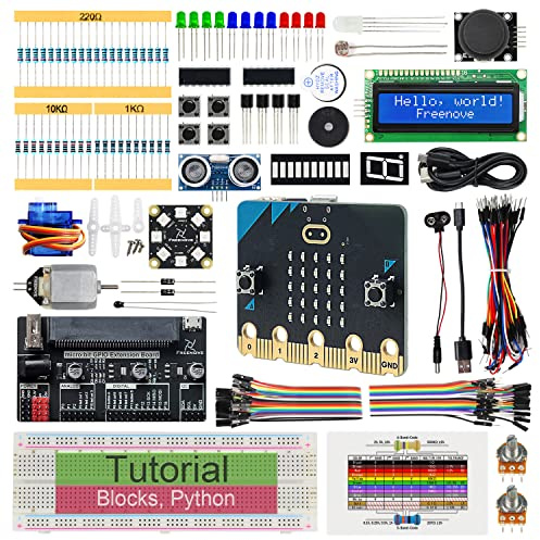 Freenove Super Starter Kit für BBC Micro:bit (V2 enthalten), 266-seitiges detailliertes Tutorial, 192 Artikel, 38 Projekte, Blöcke und Python-Code