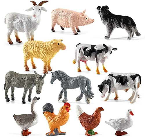 ISAKEN 12 Stück Bauernhoftiere Figuren Mini Bauernhof Tierfiguren Spielzeug Miniatur Bauernhof Tier Spielzeug Kuchendeckel Pädagogisches Erkenntnis Lernspielzeug Tierfiguren Set für Kinder