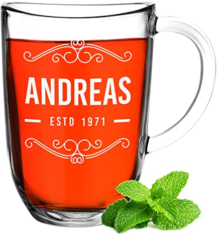 Leonardo Teebecher Kaffeeglas mit Gravur - 380 ml personalisierte Teetasse aus Glas - isoliertes Thermoglas - heiße Getränke - Henkeltasse für Espresso und Tee - Geburtstagsgeschenk - Weihnachten