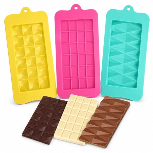 3-Pack Silicone Chocolate Moulds – Colourful Assorted Shapes for DIY Chocolate Bars, Candy, Jelly, Party Treats – Food Grade Non-Stick Molds for Baking & Gifting (2 Packs - 6pcs)