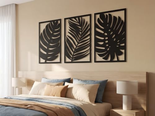 VAILLA Palmblätter Wand Deko Holz 3D – Wandbild Wanddeko Wohnzimmer Büro | MDF Sperrholz, Lasergeschnitten, Monstera Tropisch, 5 Größen, Grün Schwarz Gold, personalisierbar, 3er Set Küche Esszimmer