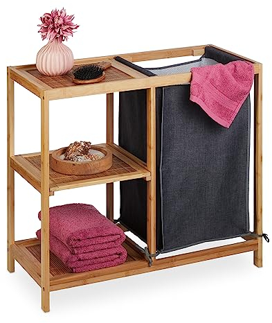 Relaxdays Estantería Cesto Ropa Sucia Bambú, 3 Baldas, 65 x 68 x 33 cm, Saco Extraíble, Cubo Lavandería, Natual/Gris, 50 x 30 x 29.5 cm