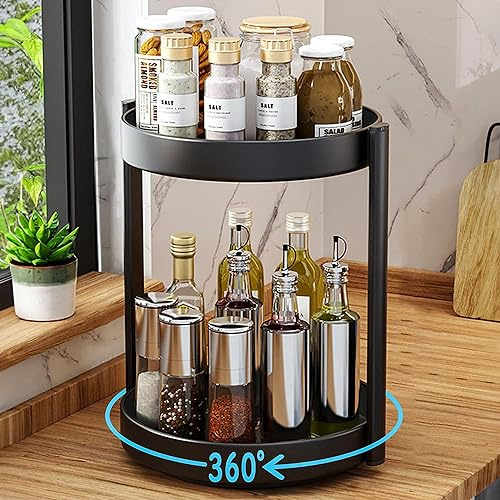 devesanter Lazy Susan 2 Etagen Gewürzregal 360° Drehbar Metall Schwarz | Platzsparender Küchenorganizer aus Stahl, ideal für Schrank, Speisekammer und Arbeitsplatte zur übersichtlichen Aufbewahrung