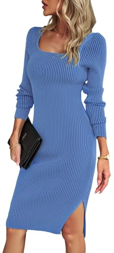 Heersan Vestidos De Punto Mujer Collar Cuadrado De Invierno Largo Abrir Un Tenedor Otoño Invierno Elegante, Ajustado, Elasticidad Vestido, Vestido Punto Mujer Invierno