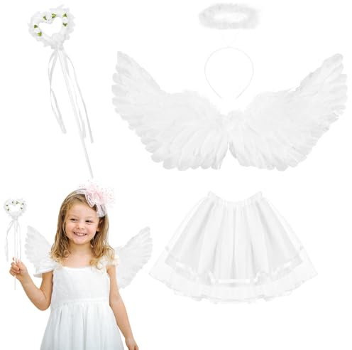 FENYW Ailes d'ange Blanc, 60cm d'ailes d'ange Plumes, Costume d'ange pour Enfants, avec Halo et Baguette Magique, pour Cosplay Halloween Carnaval Party Déguisement Fête