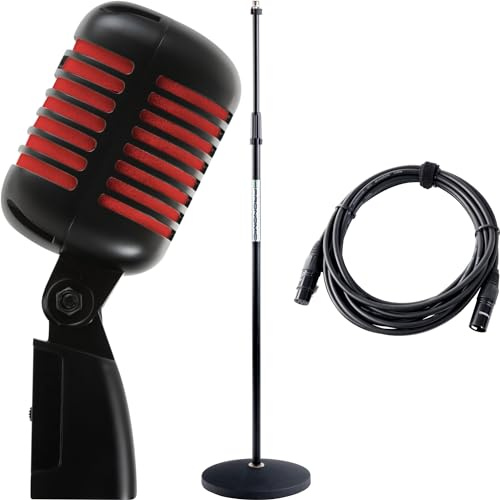 Pronomic DM-66BK/RD Dynamisches Mikrofon Set - Vocal-Mikrofon für Sprache und Gesang - Klassisches Vintage Rockabilly Design - Sparset inklusive Mikrofonstativ und XLR-Kabel - Schwarz/Rot
