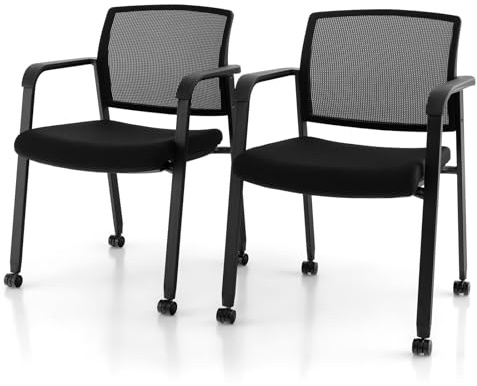 HOMASIS Juego de 2 sillas de Conferencia con Ruedas, Silla de Visita apilable con Rejilla, Silla de Oficina ergonómica con Respaldo, Silla apilable para Oficina, Conferencia, Negro (con reposabrazos)